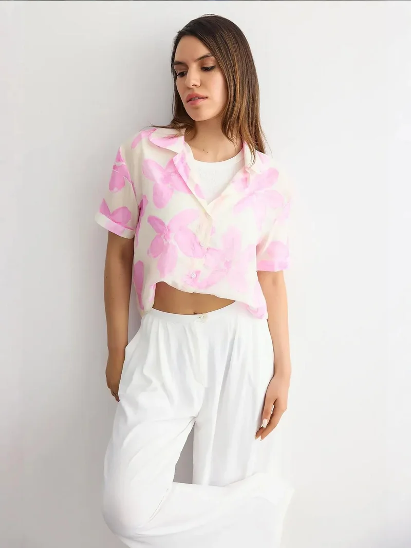 HICCUP Floral Organza Short-Sleeve Cropped Shirt